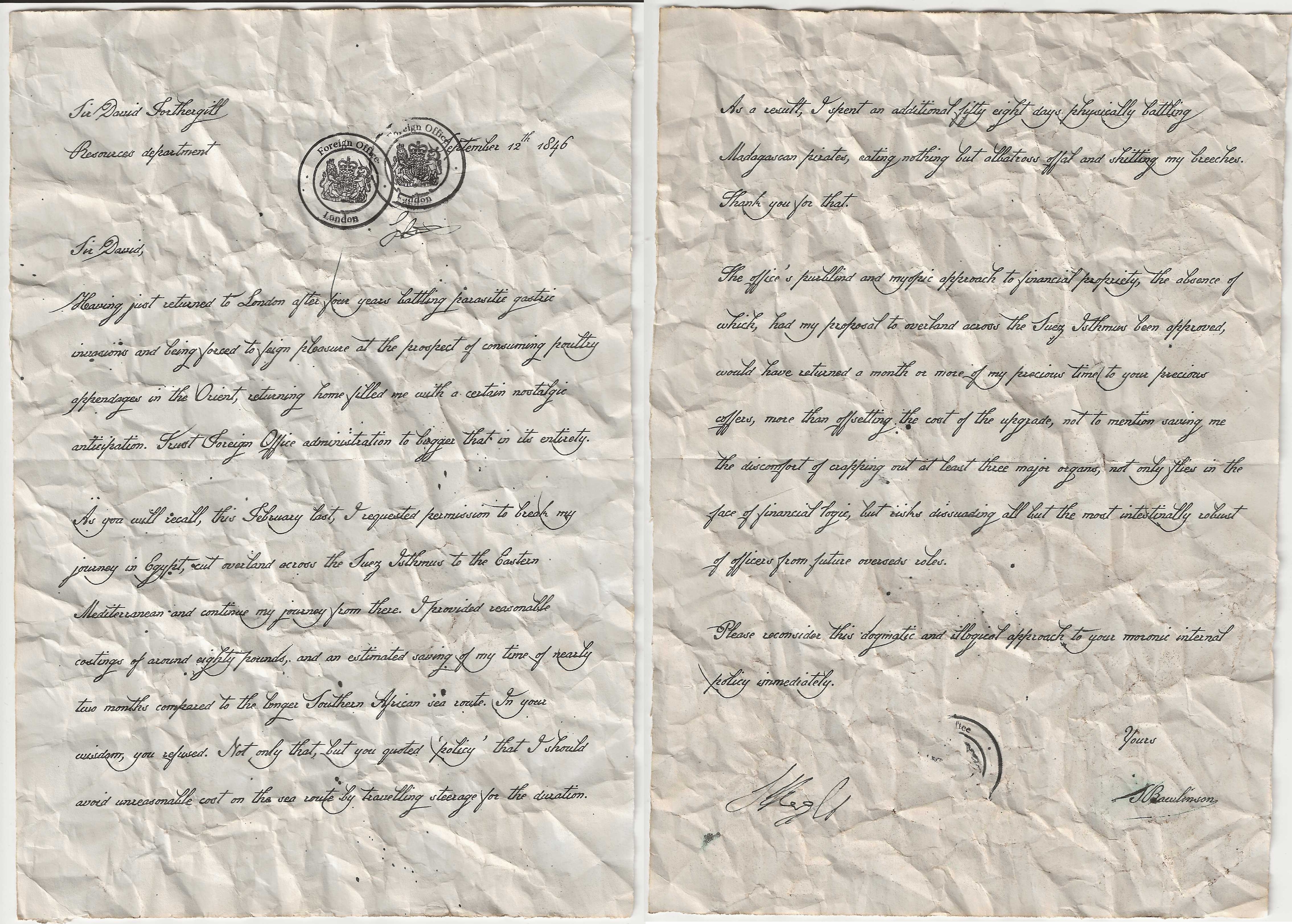 Internal Foreign Office memo, 1846